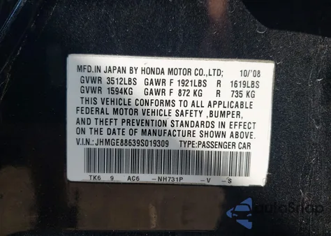 2009 Honda Fit Sport from USA, damaged, VIN JHMGE88639S019309